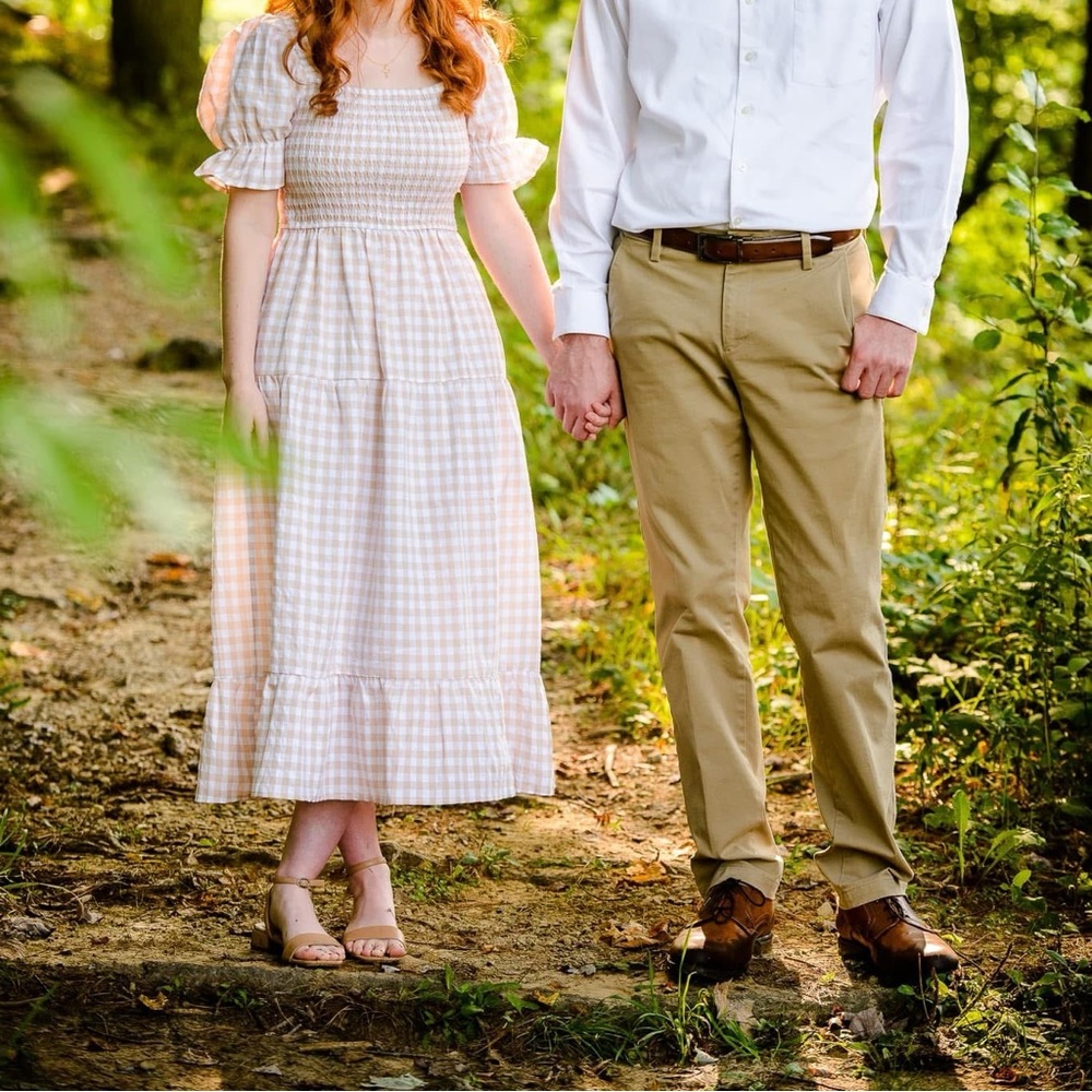 Beige and white gingham cottagecore dress